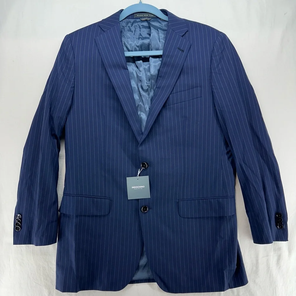 Indochino Jacket‎ Blazer Sport Coat Wool Navy Blue Pin Stripe 2 Button 38 NWT